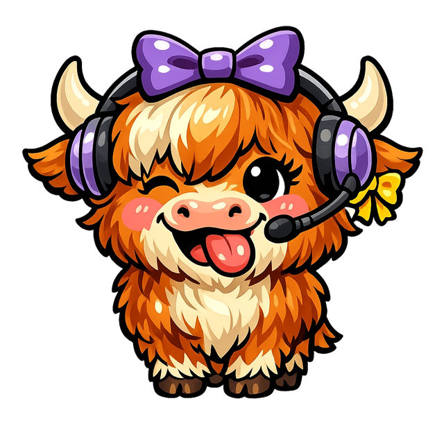 UtterleyFabulous mascot — a fluffy Highland cow wearing a purple headset and bow, winking with tongue out